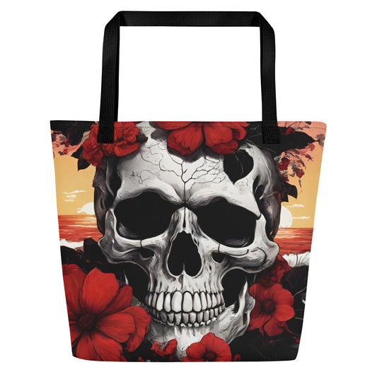 TROPICAL RED FLOWER SKULL LARGE BEACH TOTE