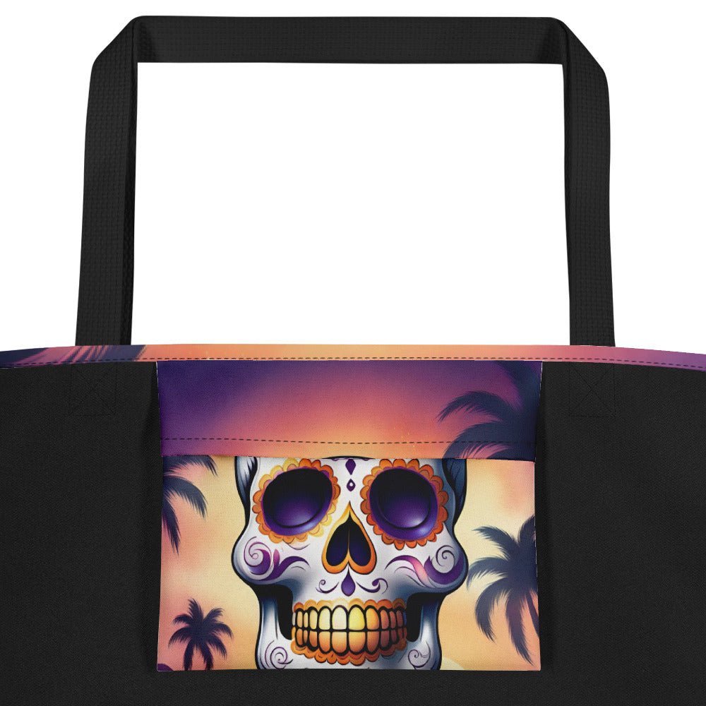 PINK SUNSET SKULL LARGE BEACH TOTE