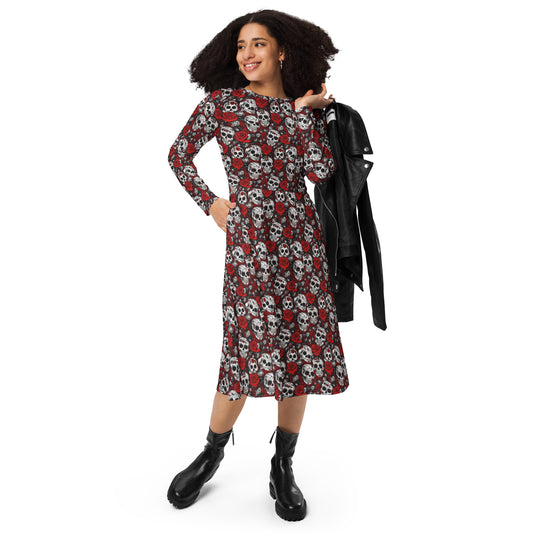 DAY OF THE DEAD LONG SLEEVE MIDI DRESS