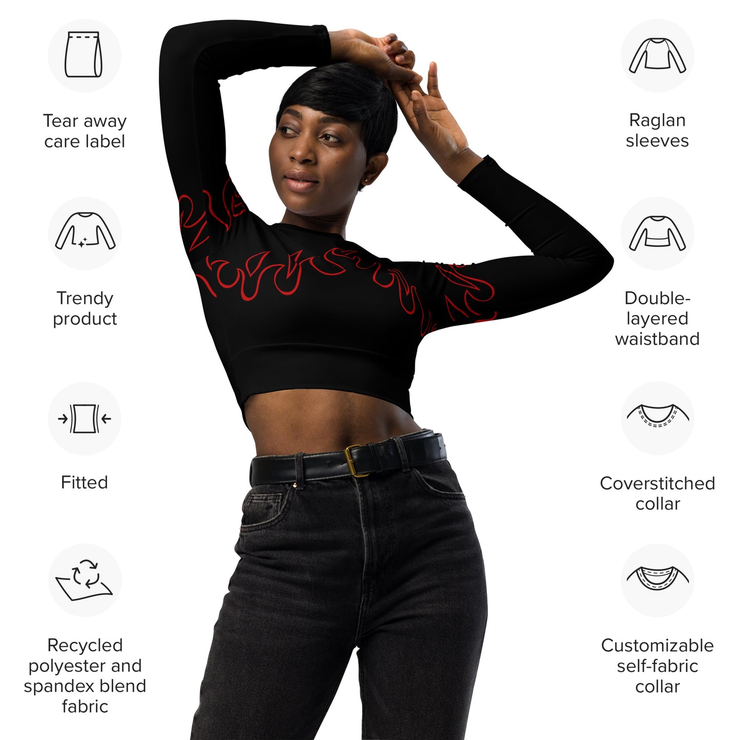 RED FLAME RECYCLED LONG SLEEVE CROP TOP