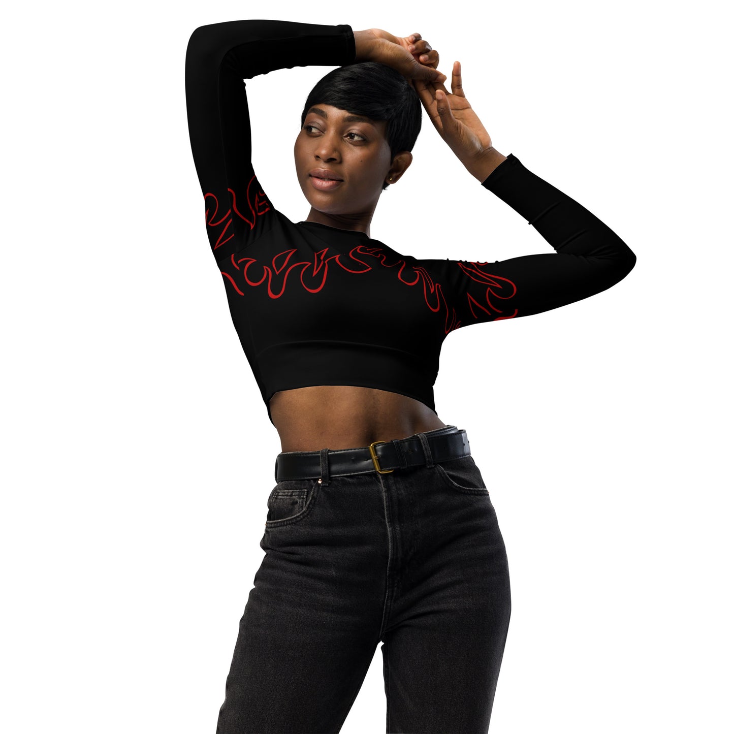 RED FLAME RECYCLED LONG SLEEVE CROP TOP