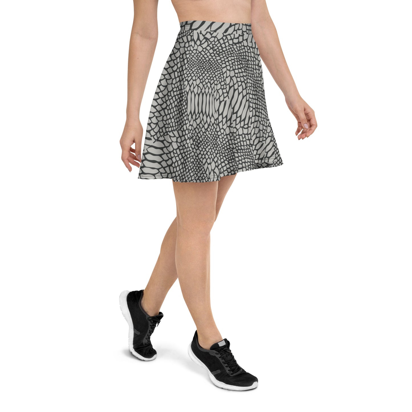 LIGHT GRAY SNAKESKIN FLARED MINI-SKIRT