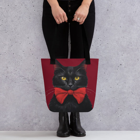 BLACK KITTY RED BOW TOTE BAG