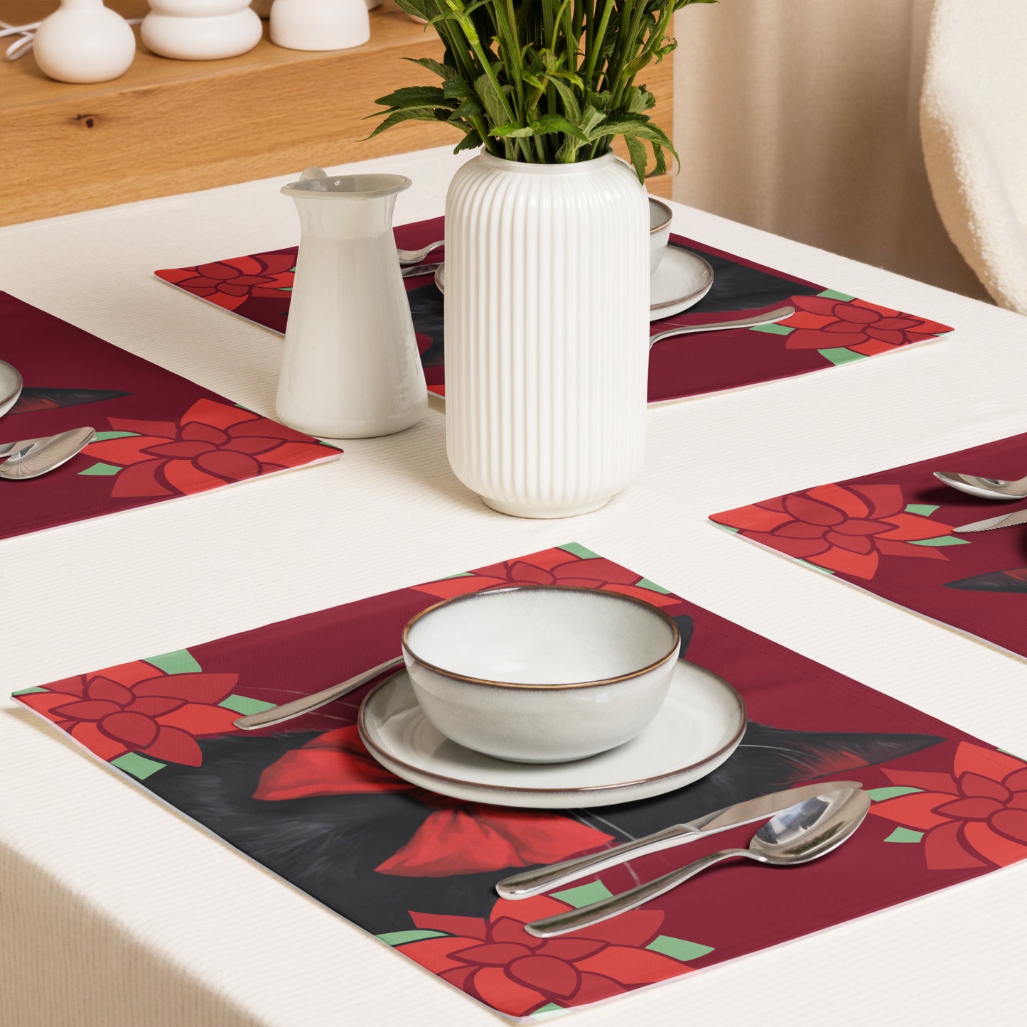 BLACK KITTY RED BOW PLACEMAT SET