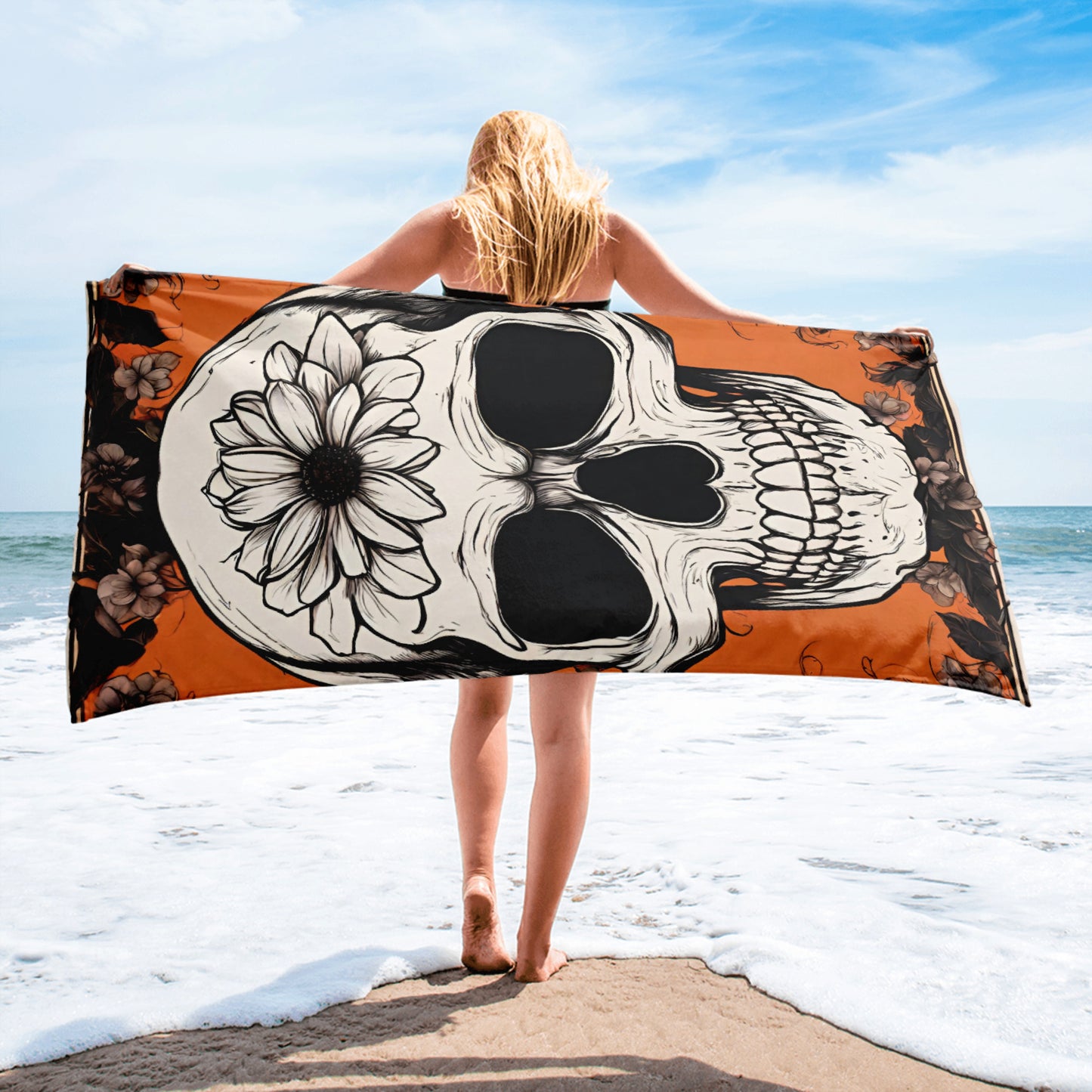 ORANGE FLOWER SKULL BEACH TOWEL
