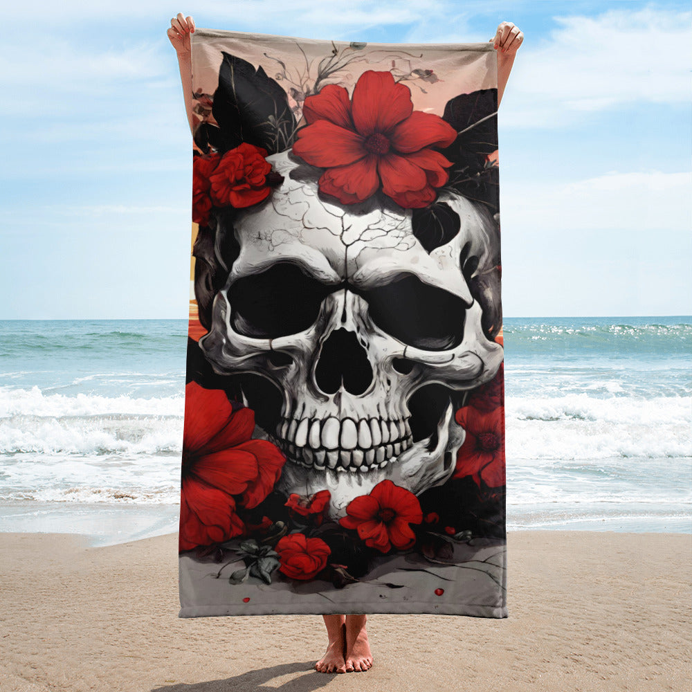 TROPICAL RED FLOWER SKULL BEACH TOWEL