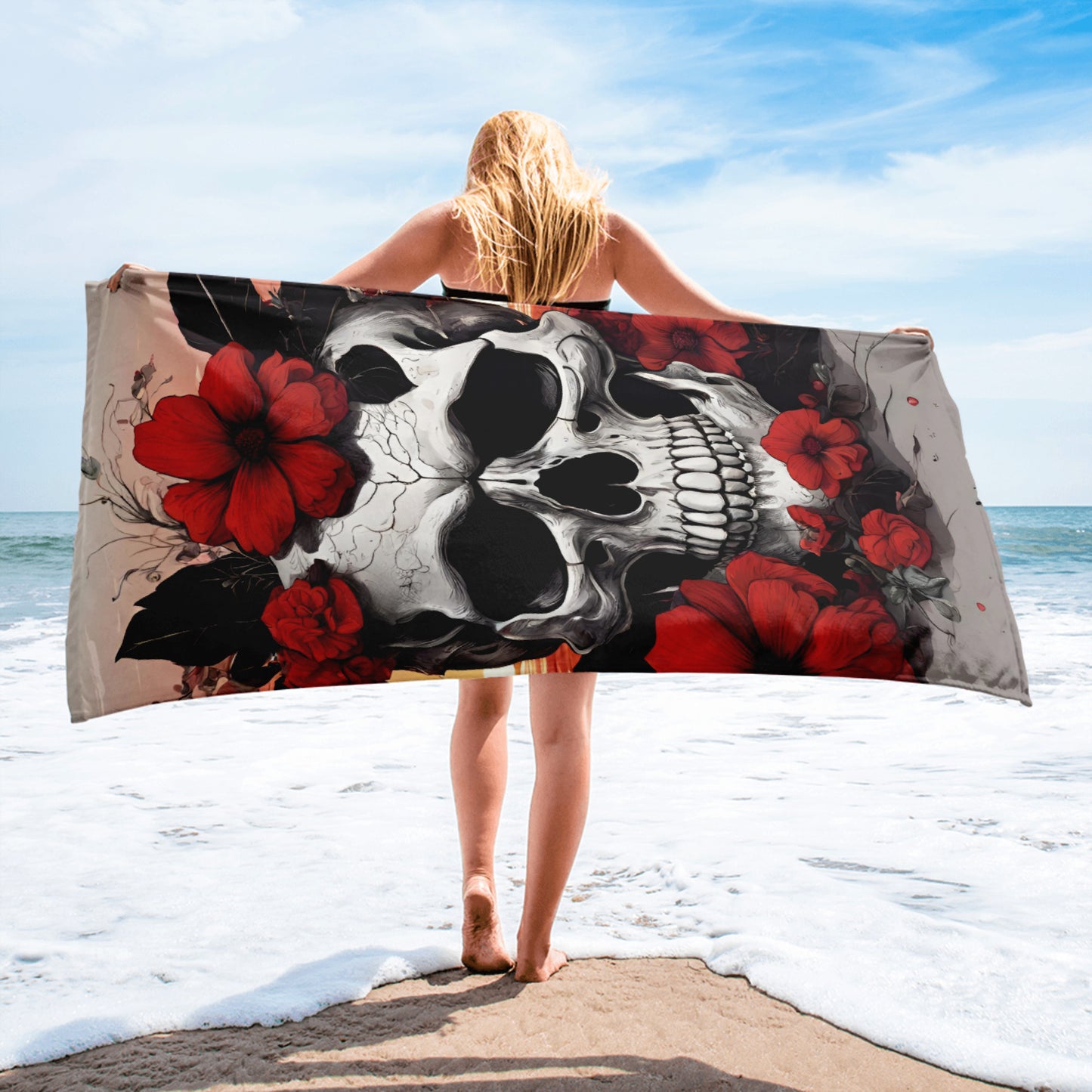 TROPICAL RED FLOWER SKULL BEACH TOWEL