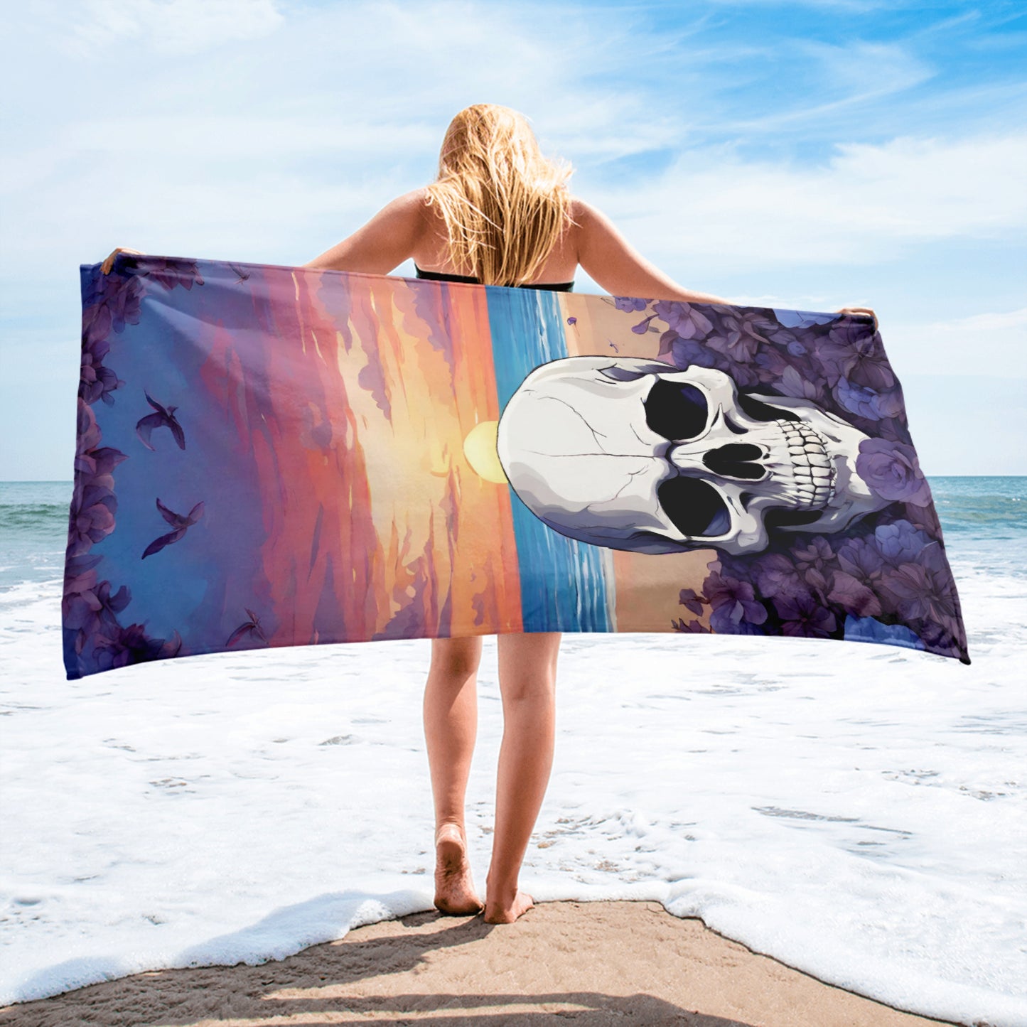 PURPLE SUNSET SKULL BEACH TOWEL