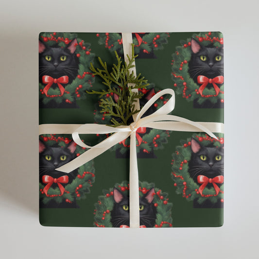 BLACK KITTY WREATH PREMIUM WRAPPING PAPER SHEETS