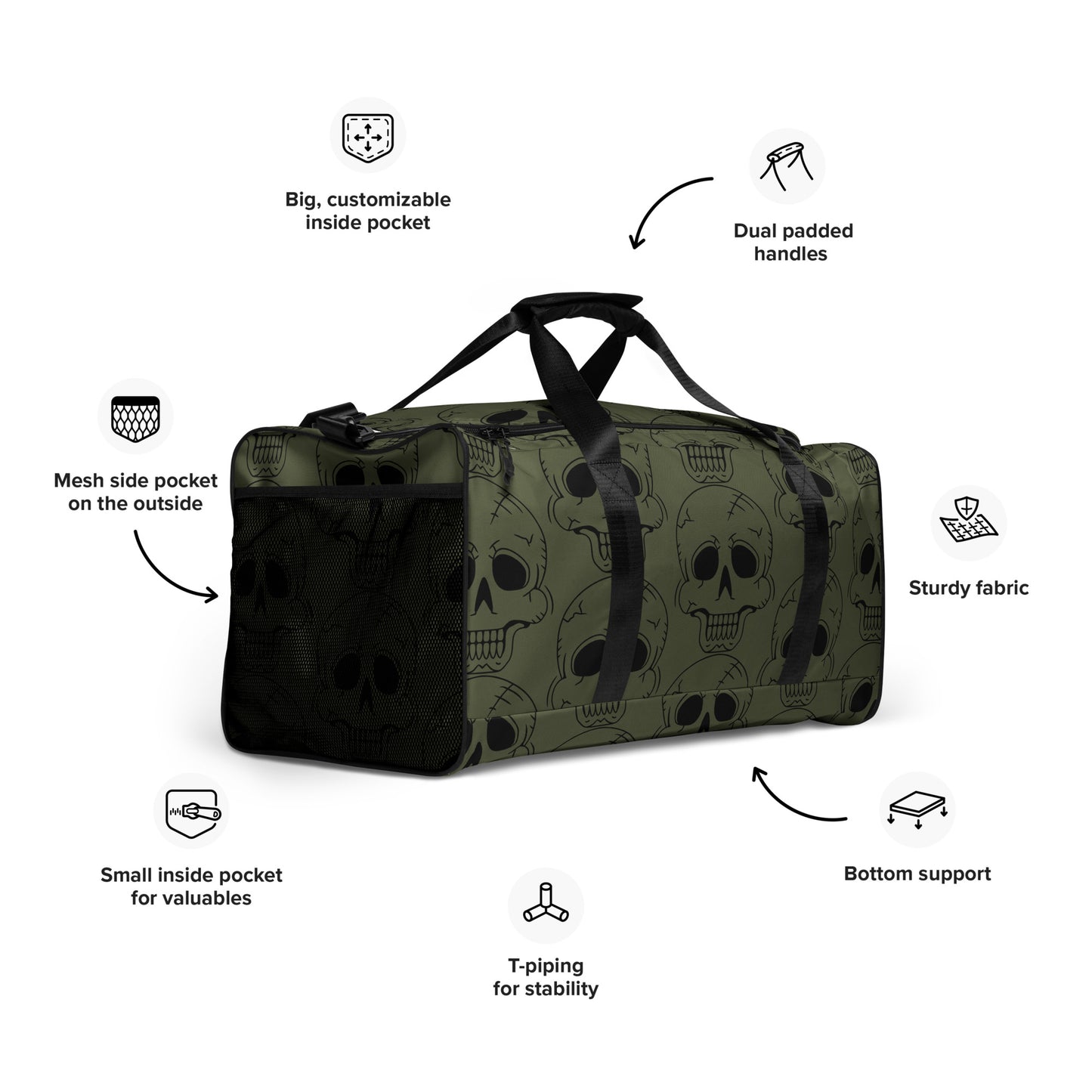 GREEN LAUGHING SKULL LARGE DUFFEL BAG