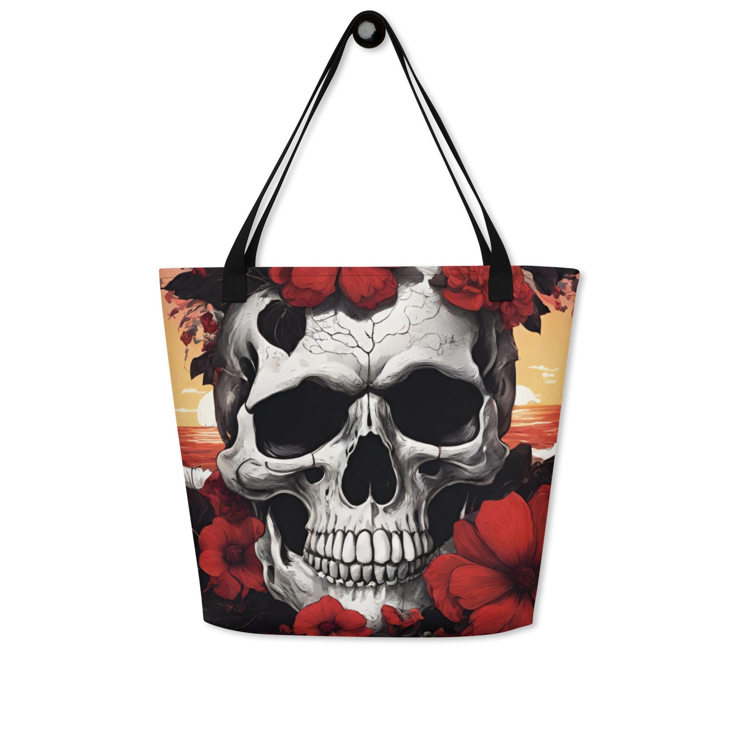 TROPICAL RED FLOWER SKULL LARGE BEACH TOTE