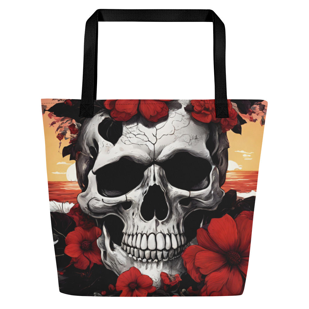 TROPICAL RED FLOWER SKULL LARGE BEACH TOTE