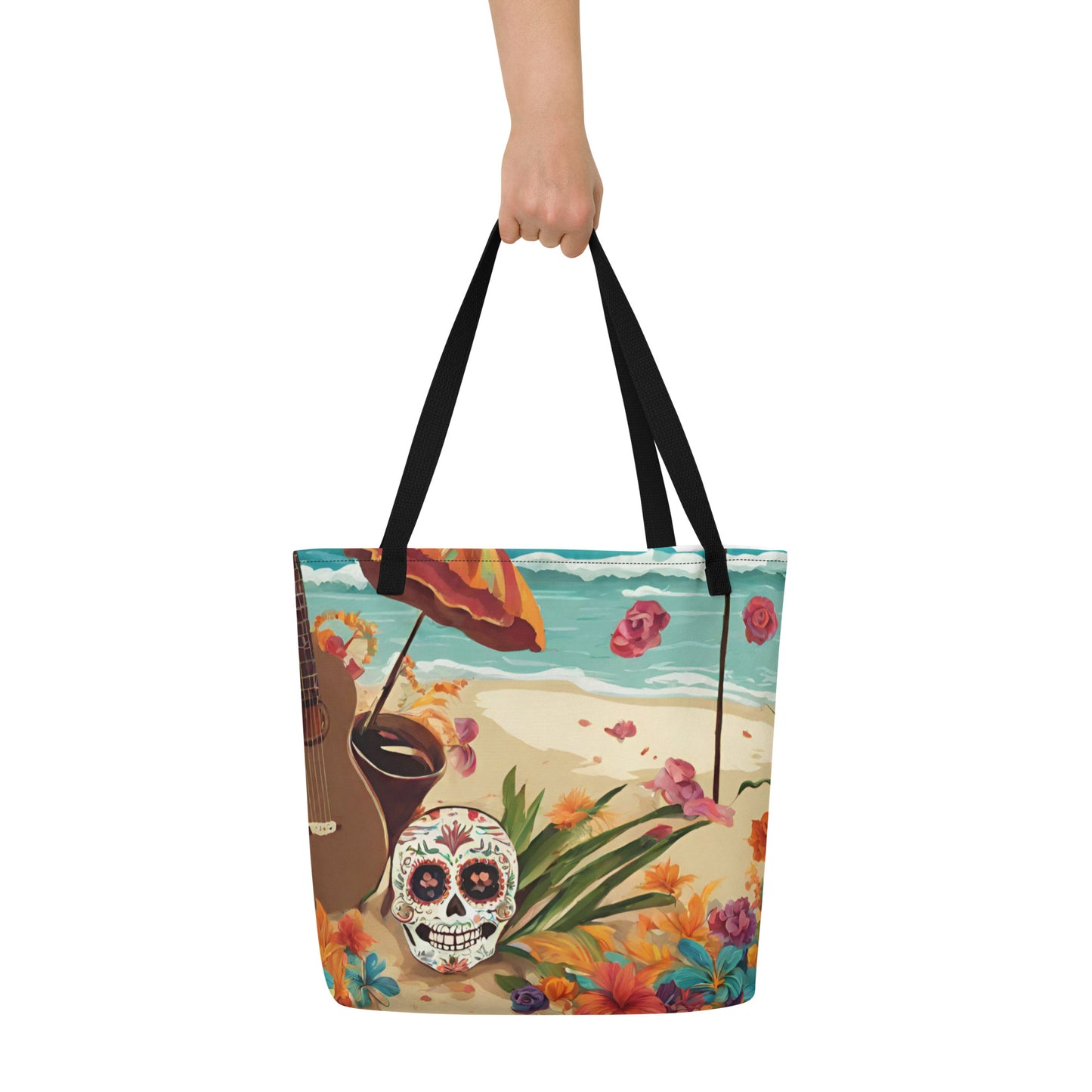 SUGAR SKULL IN SAND LARGE BEACH TOTE