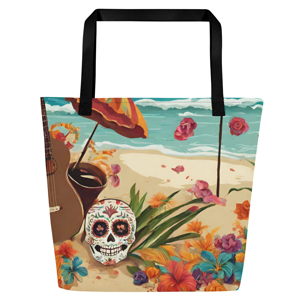 SUGAR SKULL IN SAND LARGE BEACH TOTE