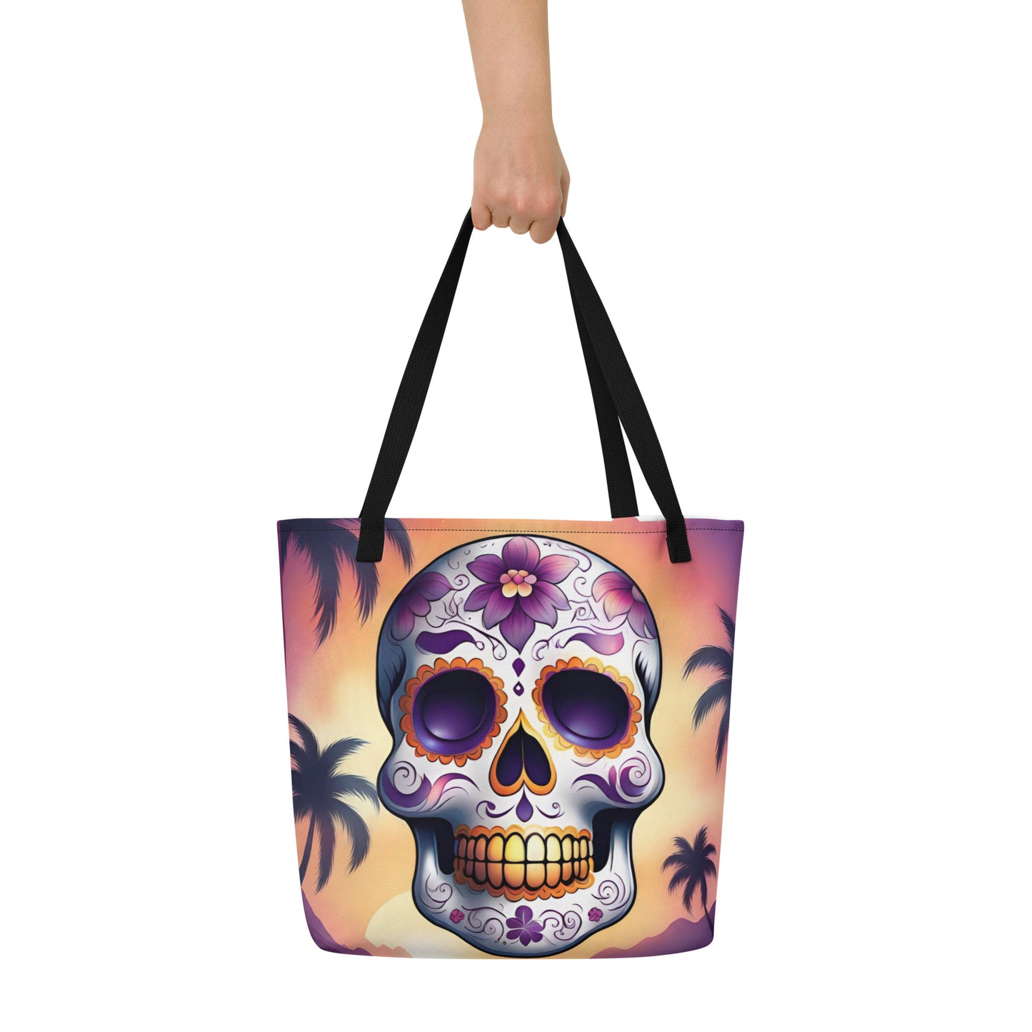 PINK SUNSET SKULL LARGE BEACH TOTE