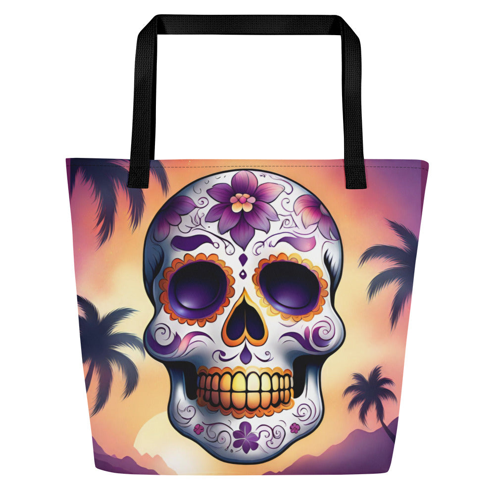 PINK SUNSET SKULL LARGE BEACH TOTE