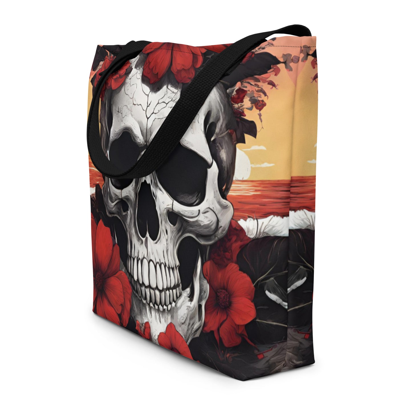 TROPICAL RED FLOWER SKULL LARGE BEACH TOTE