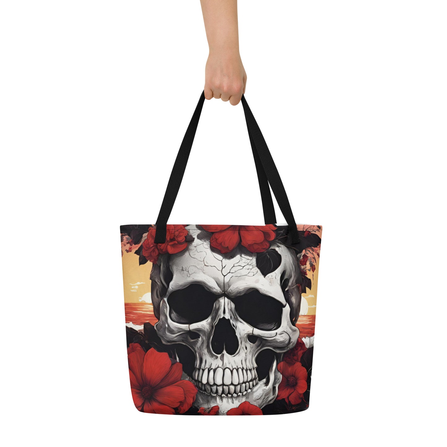 TROPICAL RED FLOWER SKULL LARGE BEACH TOTE