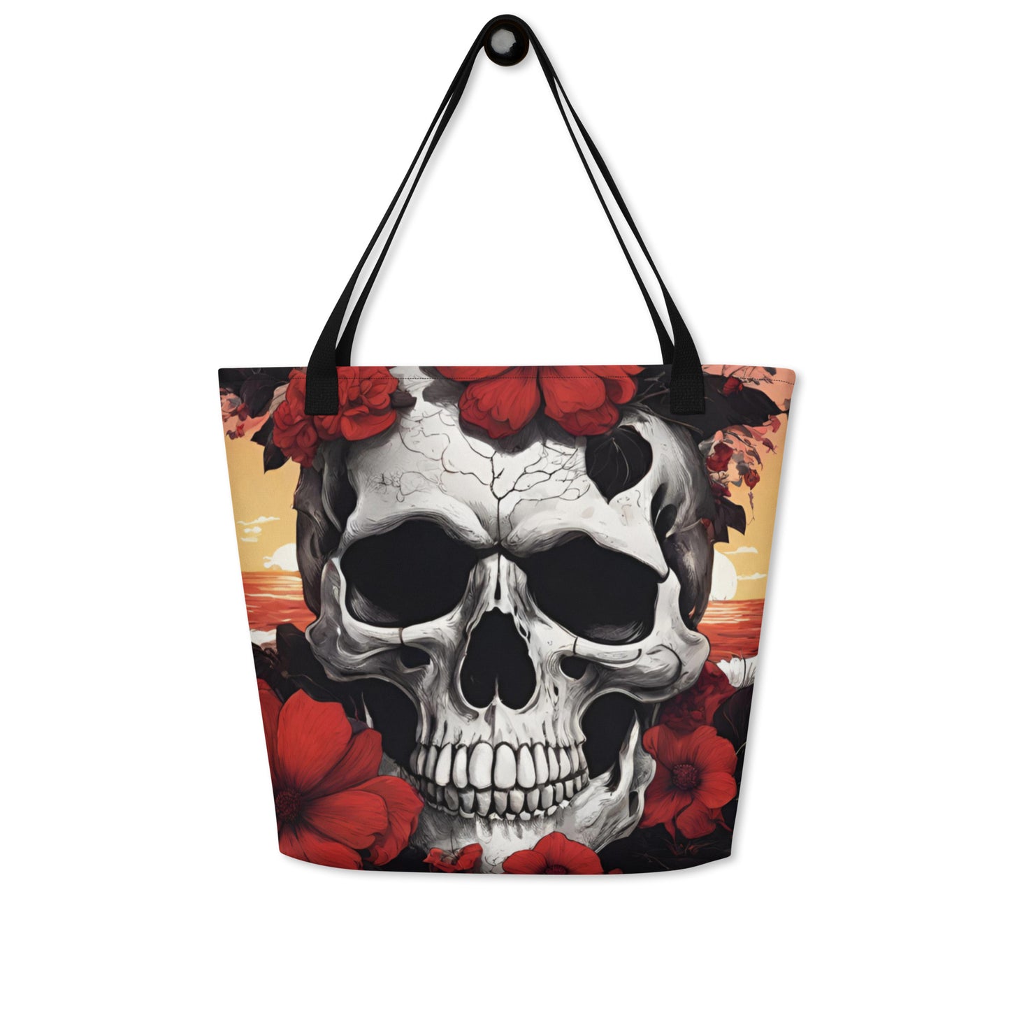 TROPICAL RED FLOWER SKULL LARGE BEACH TOTE