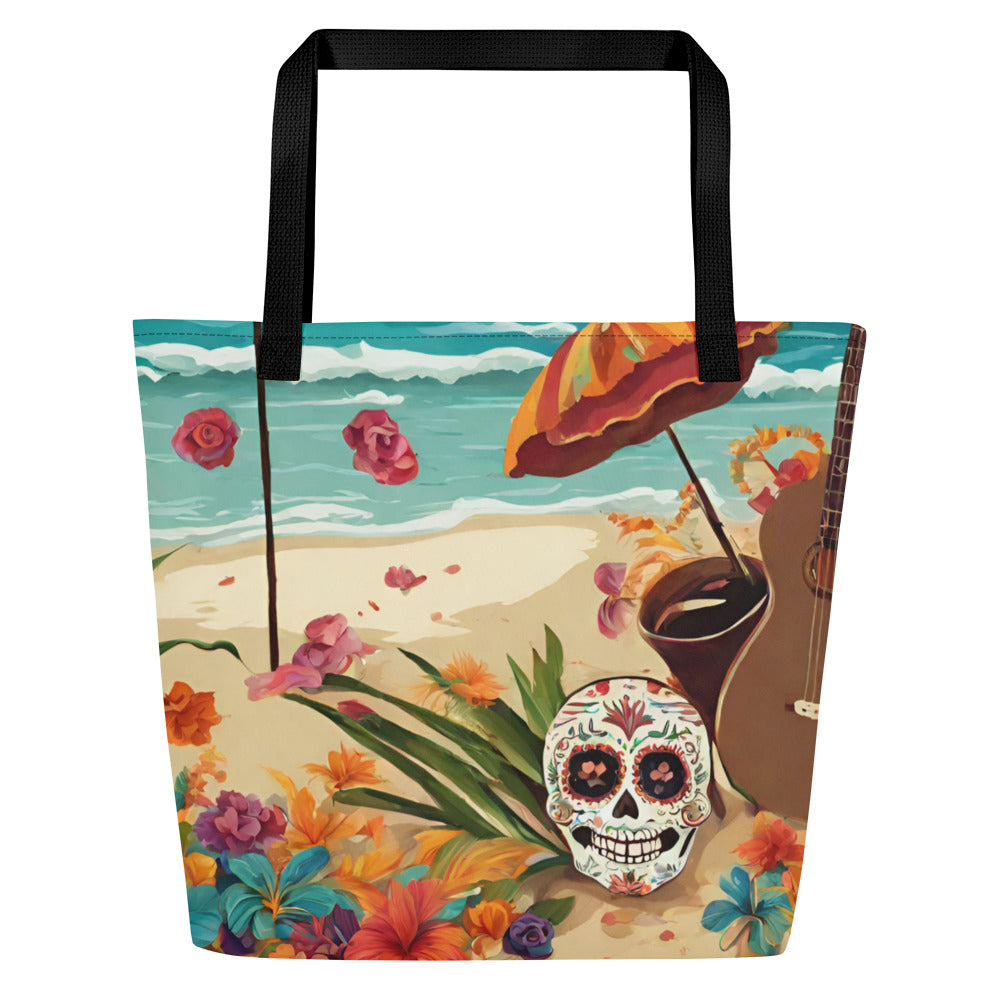 SUGAR SKULL IN SAND LARGE BEACH TOTE