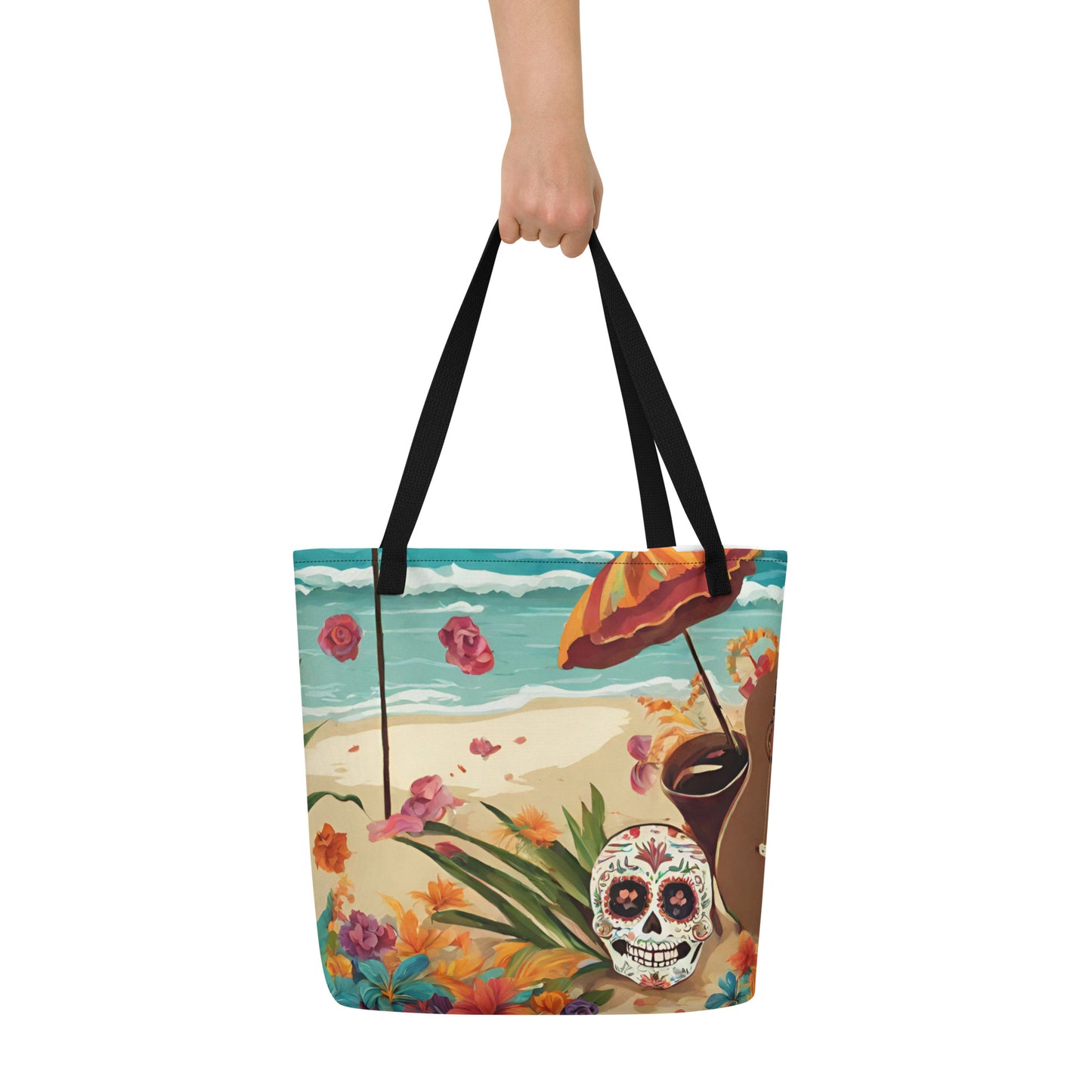 SUGAR SKULL IN SAND LARGE BEACH TOTE