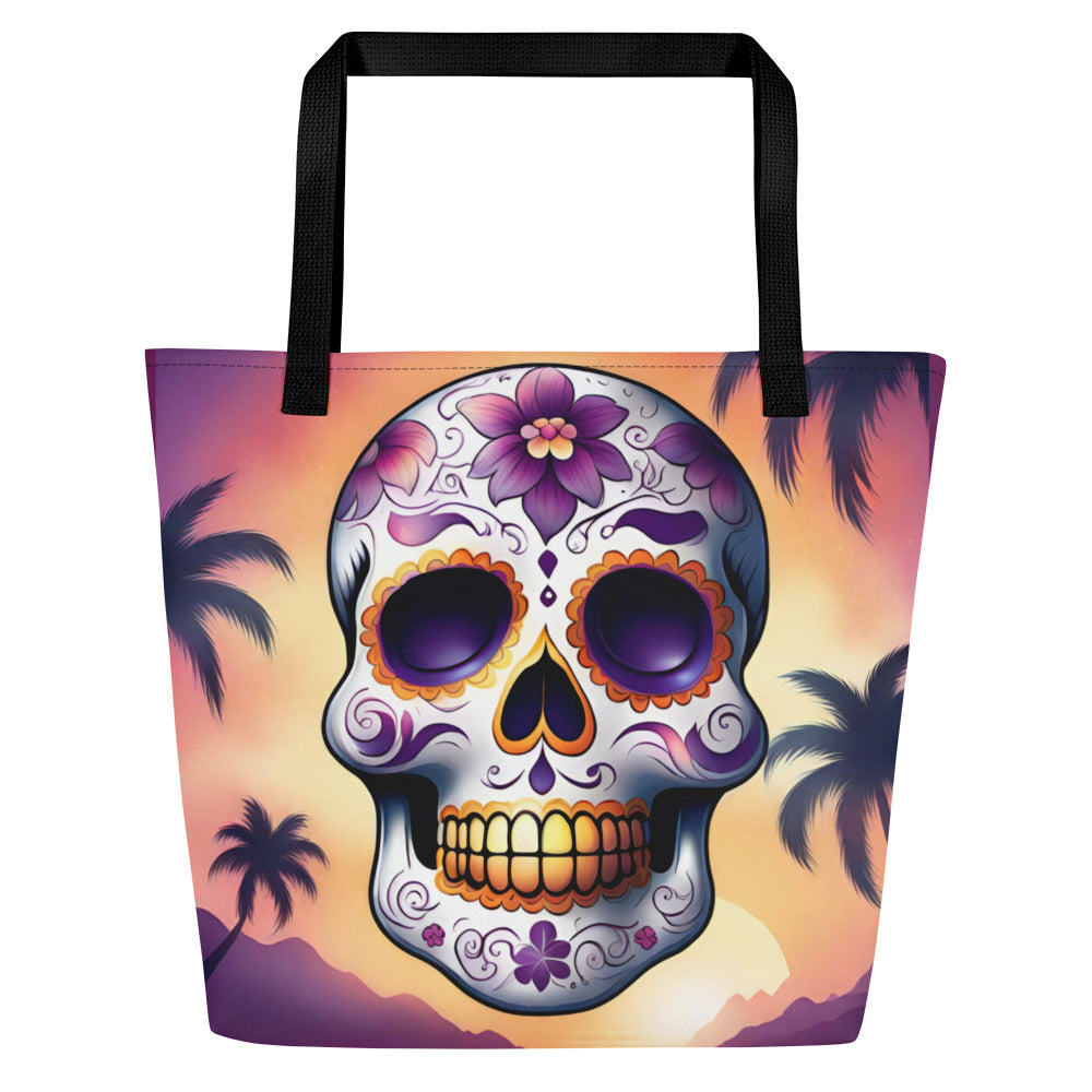 PINK SUNSET SKULL LARGE BEACH TOTE
