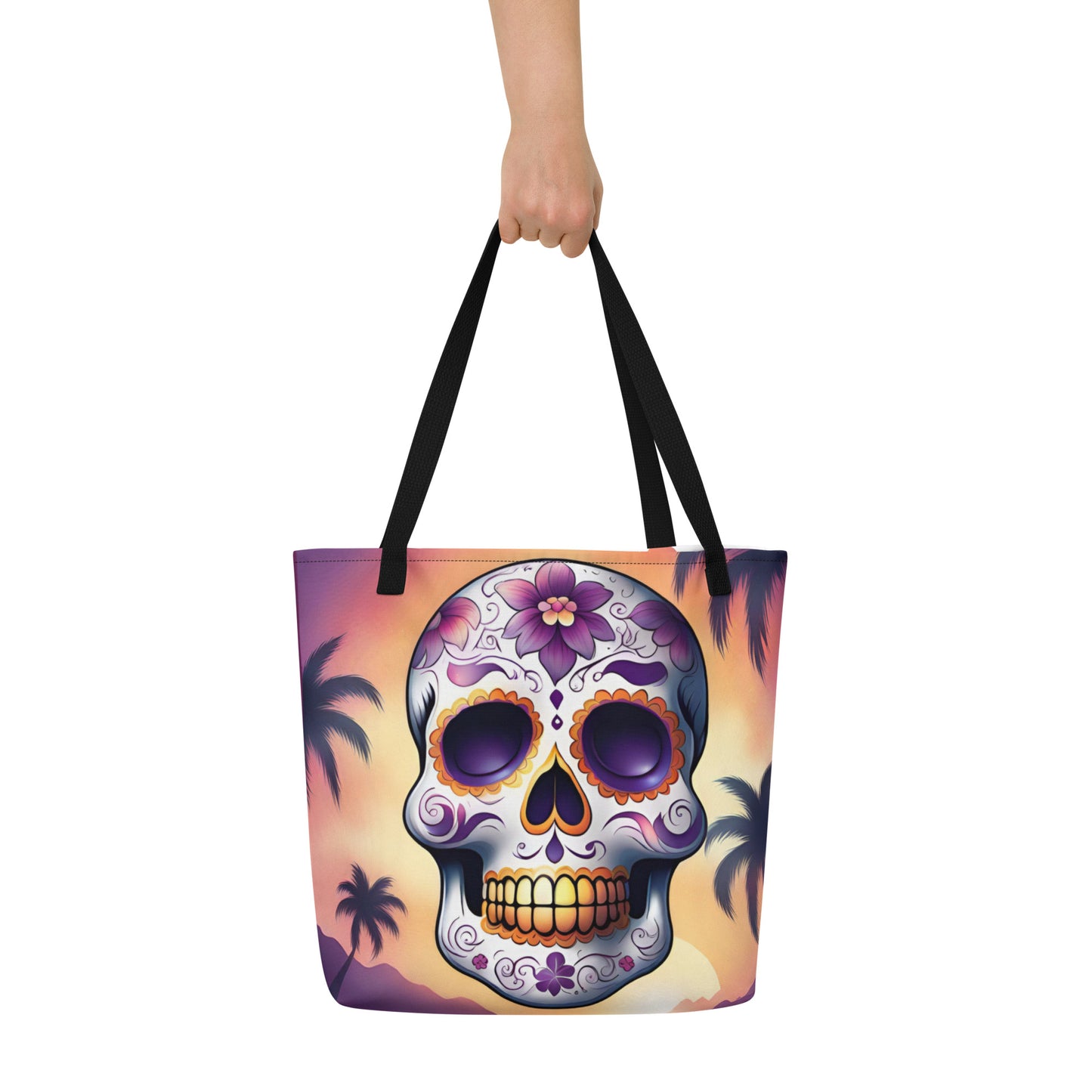 PINK SUNSET SKULL LARGE BEACH TOTE