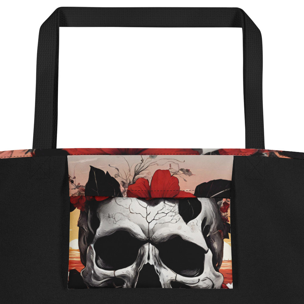 TROPICAL RED FLOWER SKULL LARGE BEACH TOTE