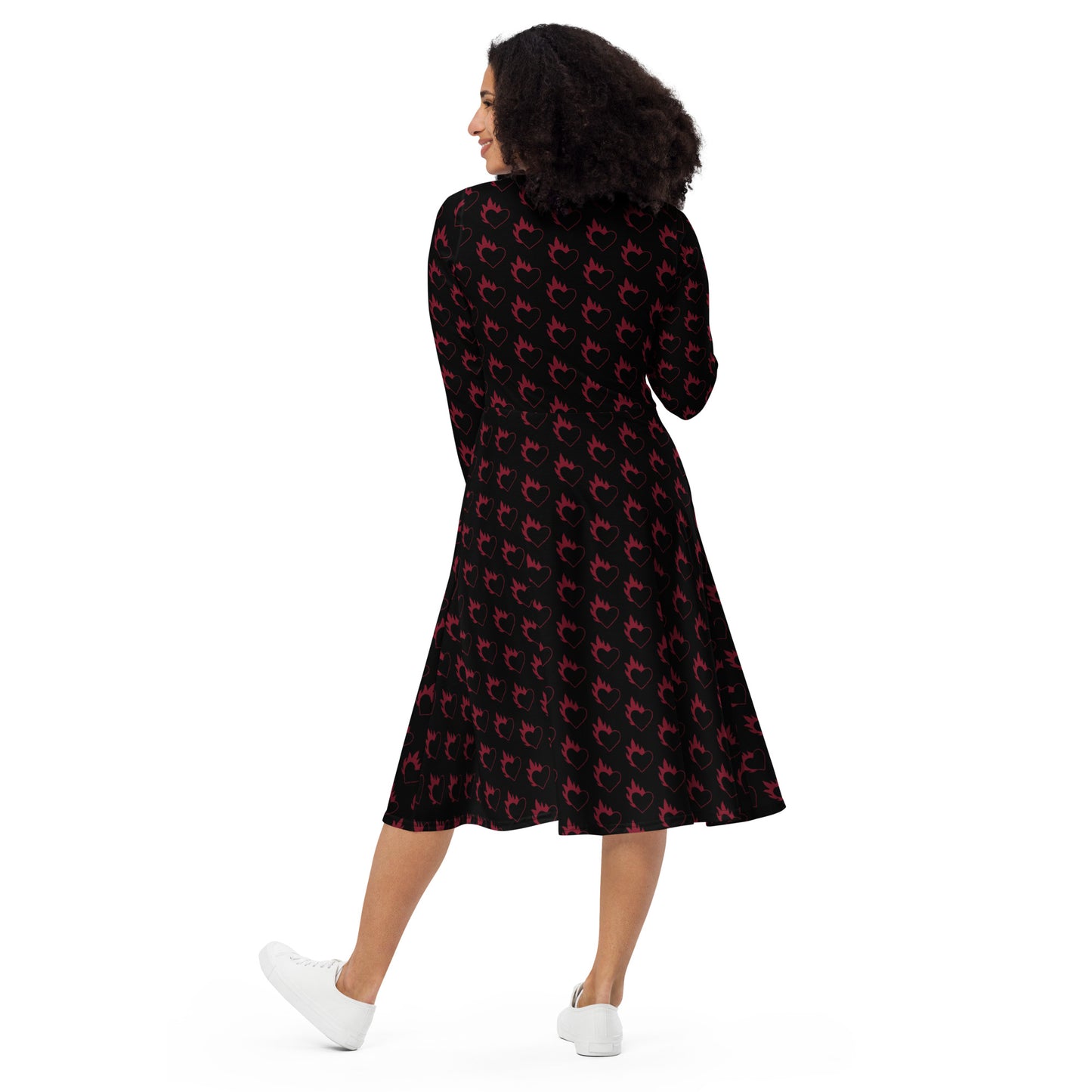FLAMING HEART LONG SLEEVE MIDI DRESS