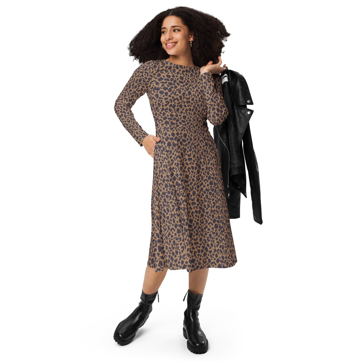 LEOPARD PRINT LONG-SLEEVED MIDI DRESS