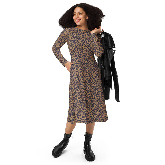 LEOPARD PRINT LONG-SLEEVED MIDI DRESS