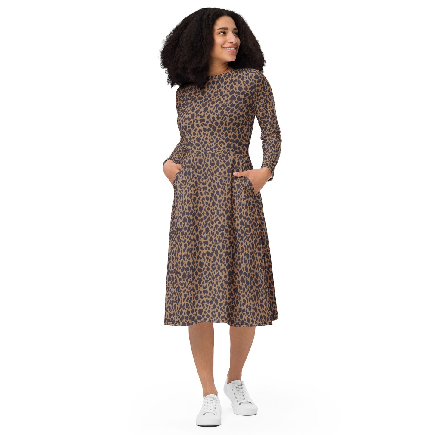 LEOPARD PRINT LONG-SLEEVED MIDI DRESS