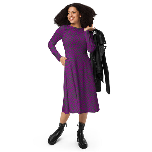 PURPLE LEOPARD LONG SLEEVE MIDI DRESS