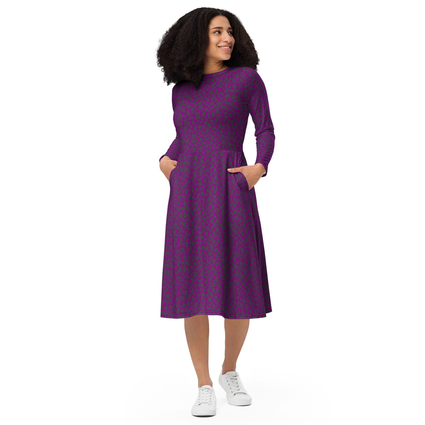 PURPLE LEOPARD LONG SLEEVE MIDI DRESS