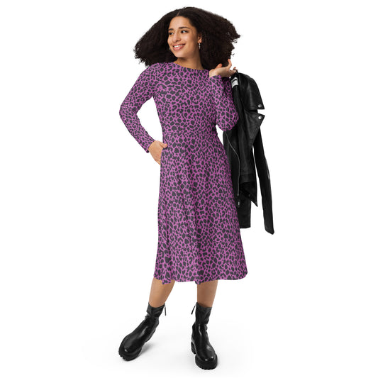 PINK LEOPARD LONG SLEEVE MIDI DRESS