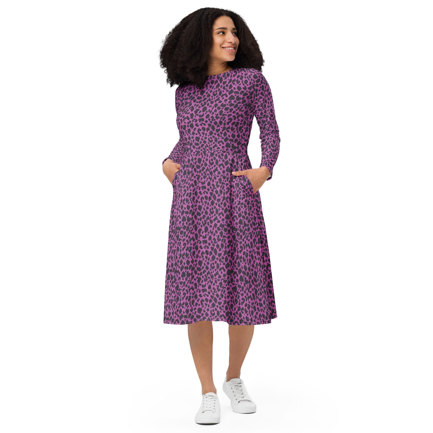 PINK LEOPARD LONG SLEEVE MIDI DRESS