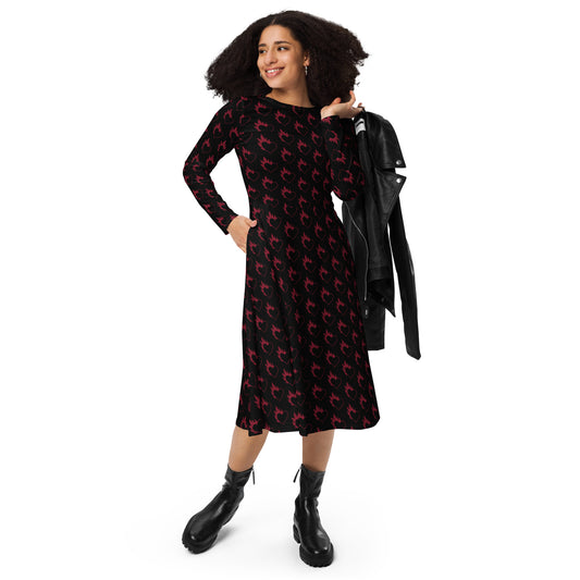 FLAMING HEART LONG SLEEVE MIDI DRESS