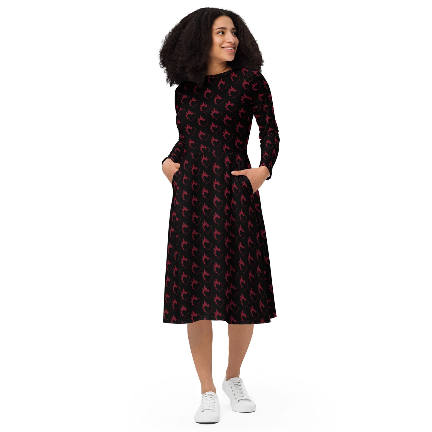FLAMING HEART LONG SLEEVE MIDI DRESS