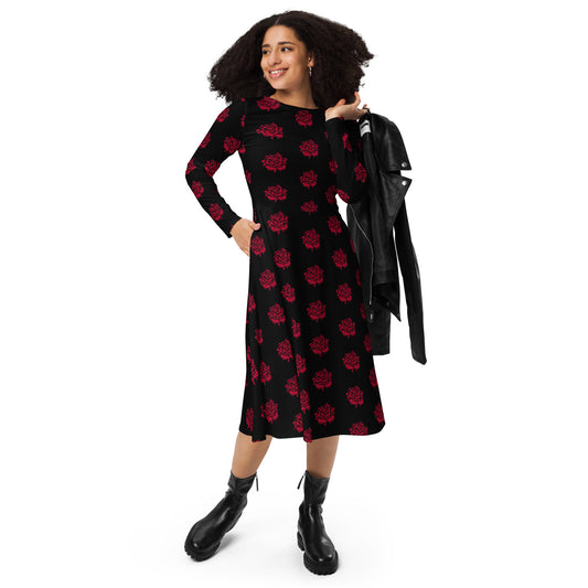 RED ROSE LONG SLEEVE MIDI DRESS