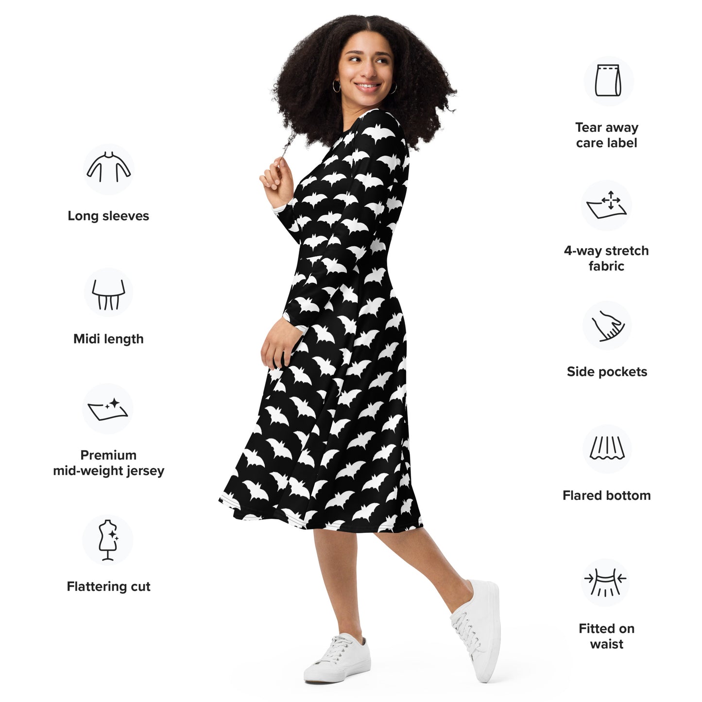 WHITE BAT LONG SLEEVE MIDI DRESS