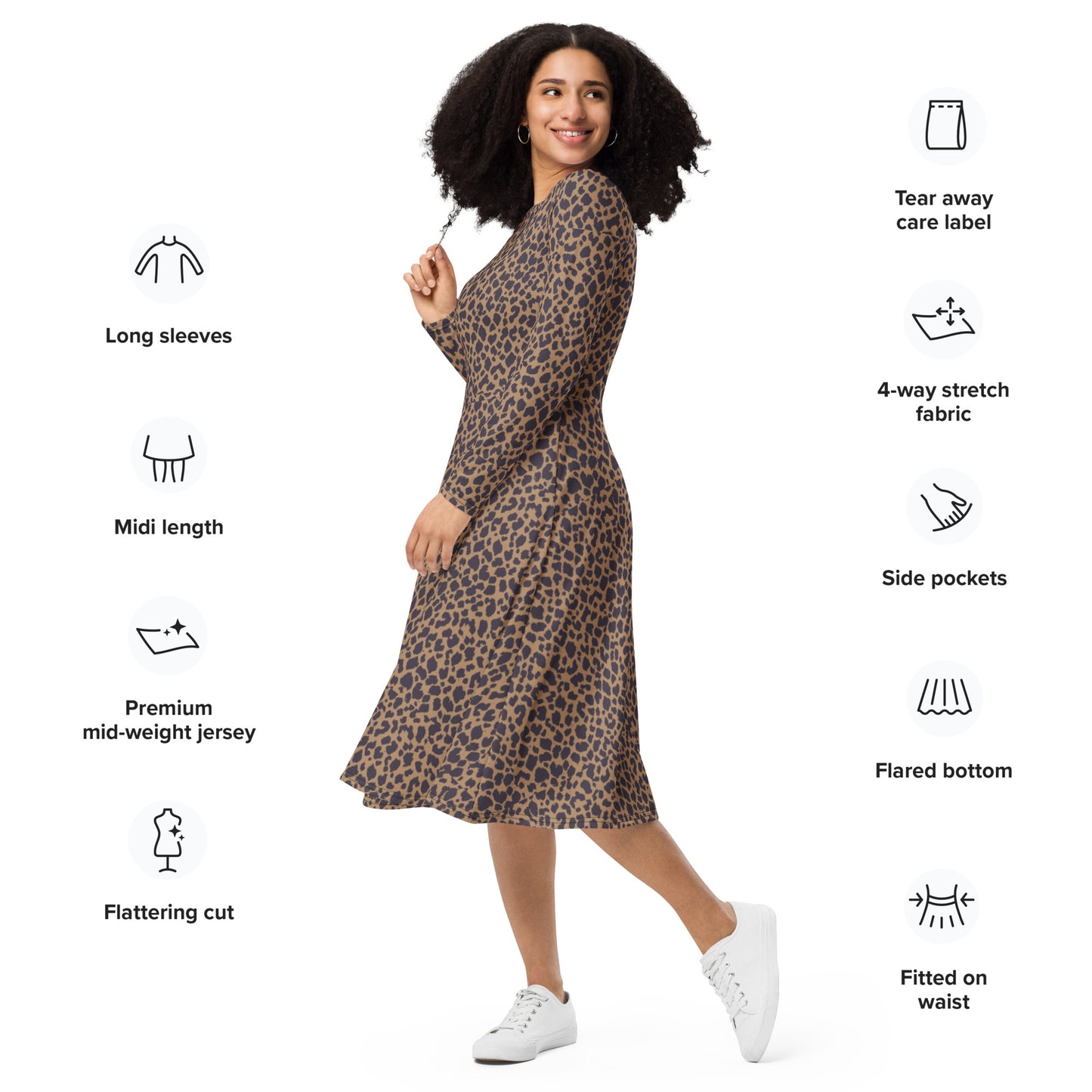 LEOPARD PRINT LONG-SLEEVED MIDI DRESS