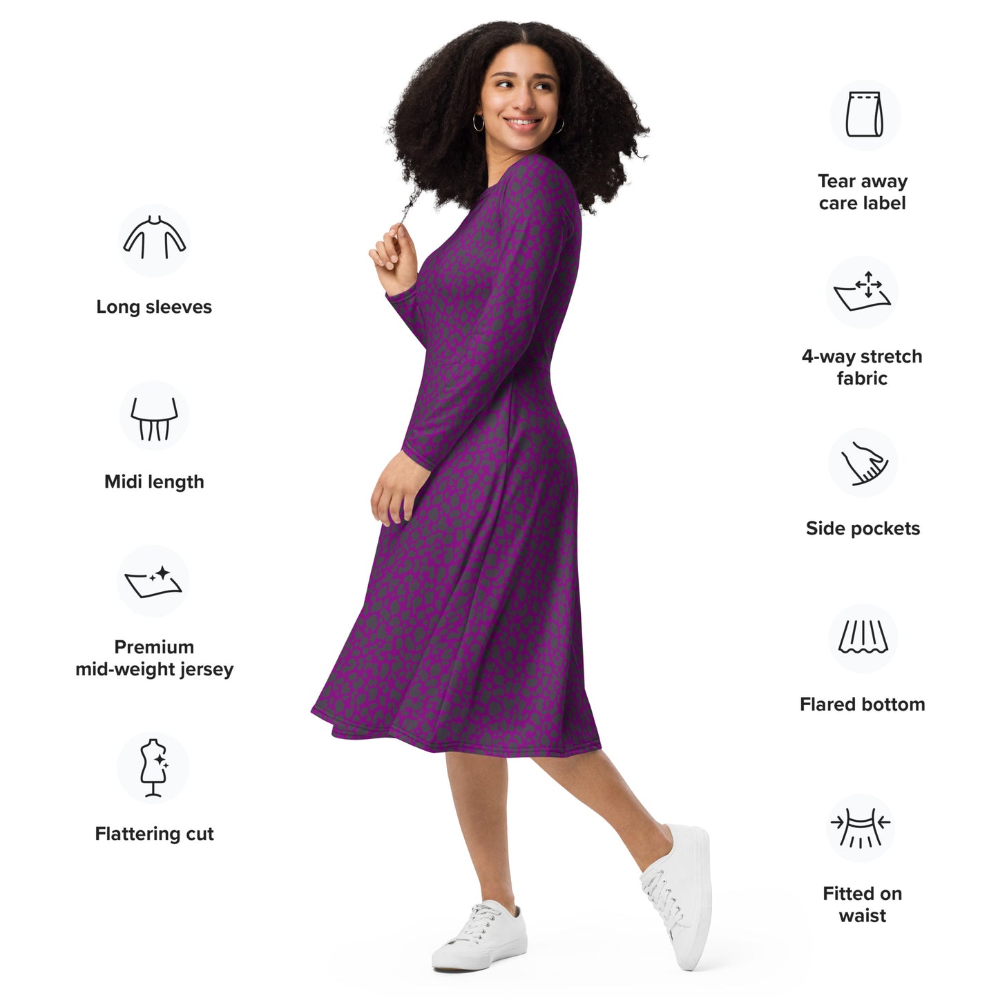 PURPLE LEOPARD LONG SLEEVE MIDI DRESS