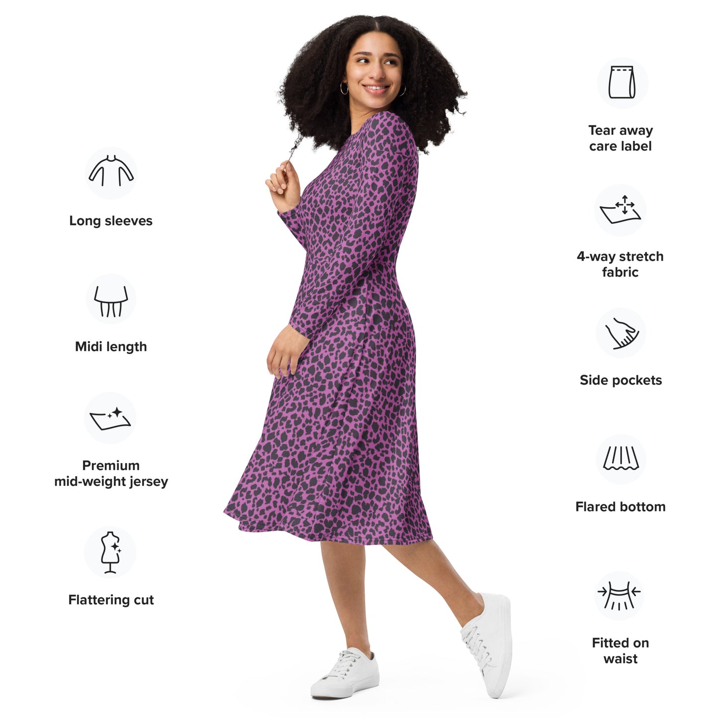 PINK LEOPARD LONG SLEEVE MIDI DRESS