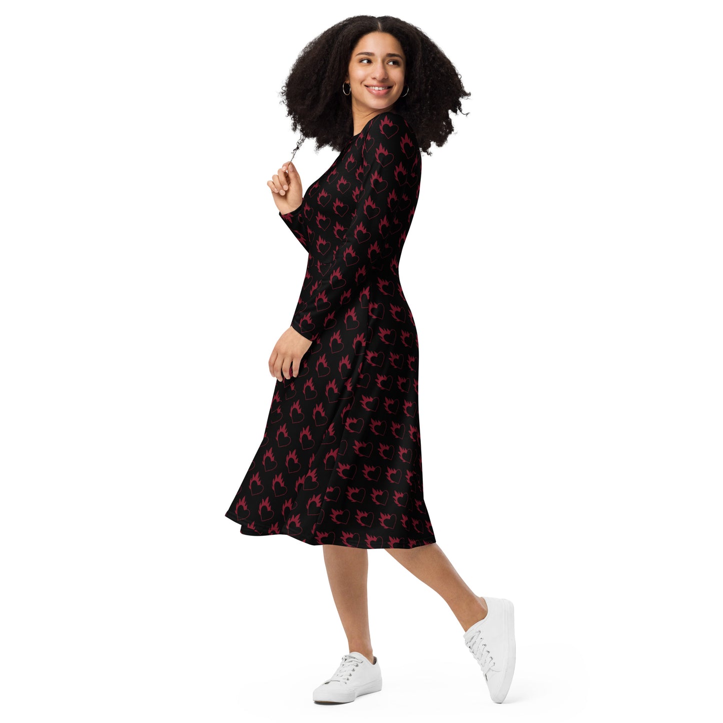 FLAMING HEART LONG SLEEVE MIDI DRESS