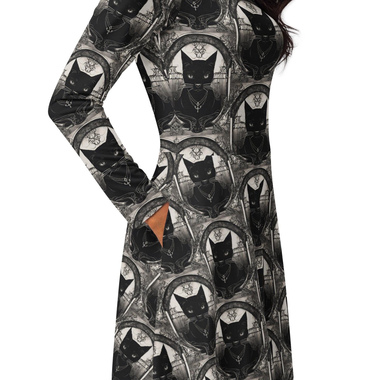 BLACK CAT FEVER LONG SLEEVE MIDI DRESS