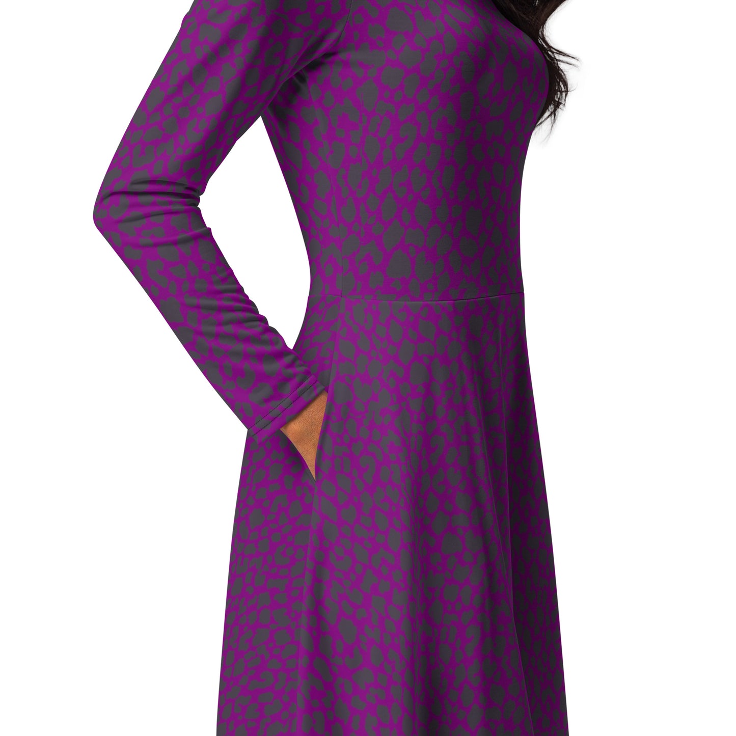 PURPLE LEOPARD LONG SLEEVE MIDI DRESS