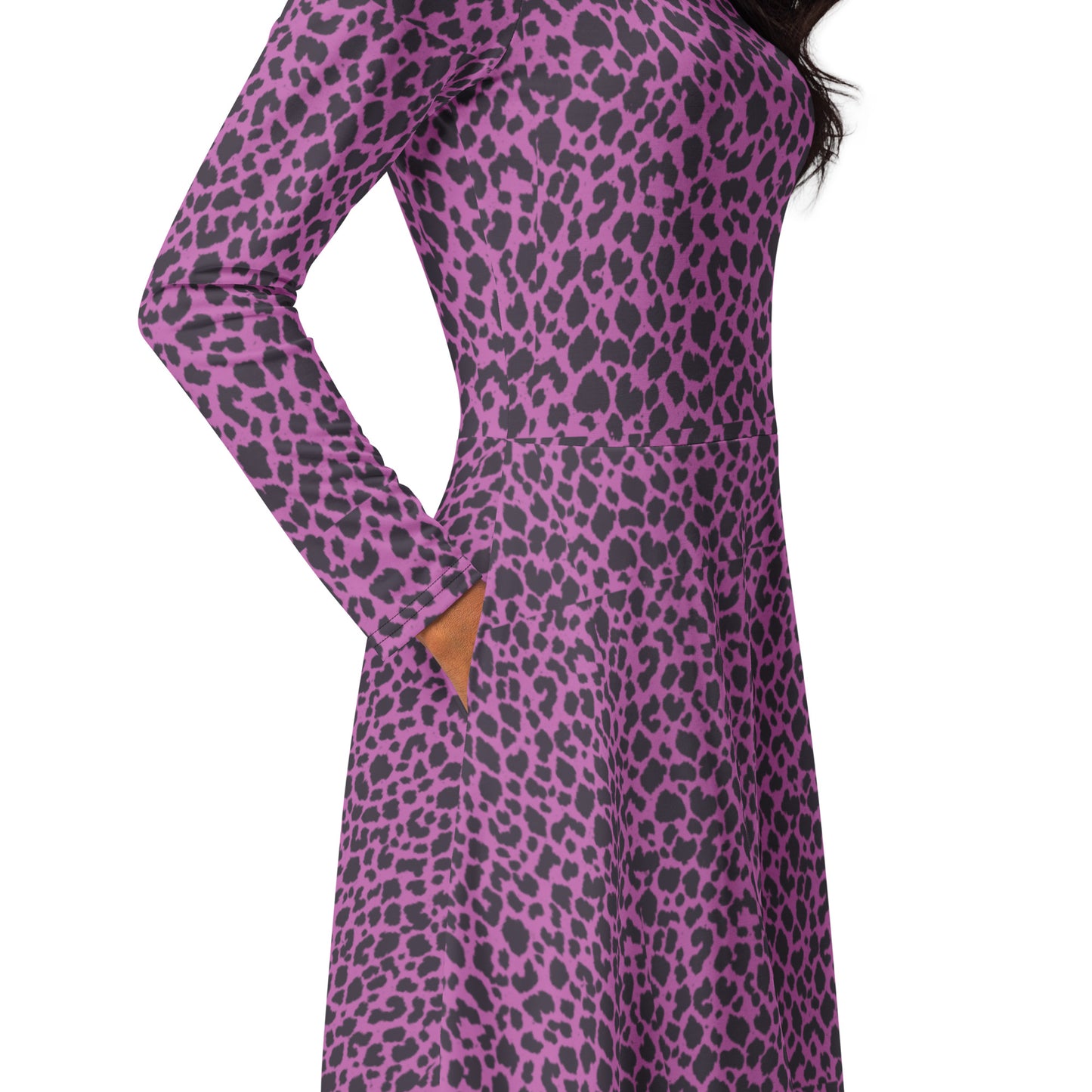 PINK LEOPARD LONG SLEEVE MIDI DRESS