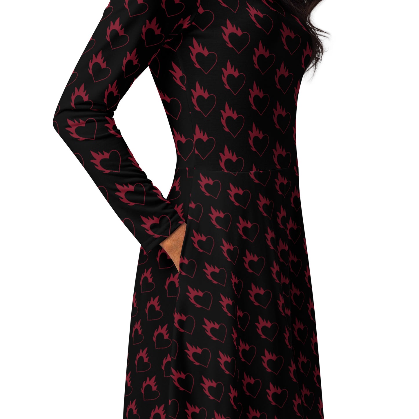FLAMING HEART LONG SLEEVE MIDI DRESS