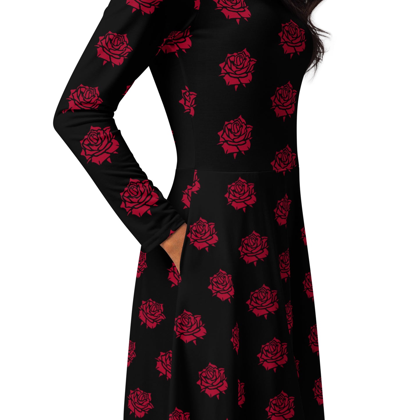 RED ROSE LONG SLEEVE MIDI DRESS