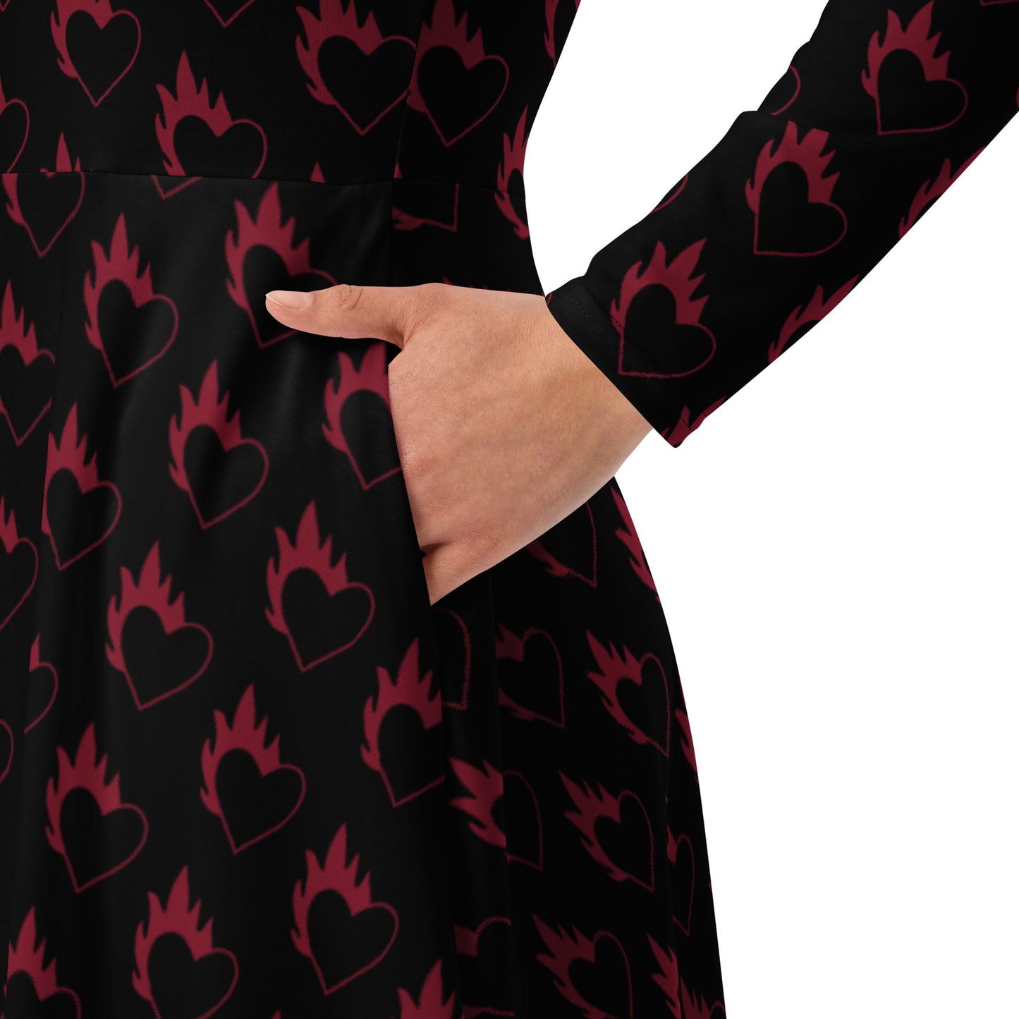 FLAMING HEART LONG SLEEVE MIDI DRESS